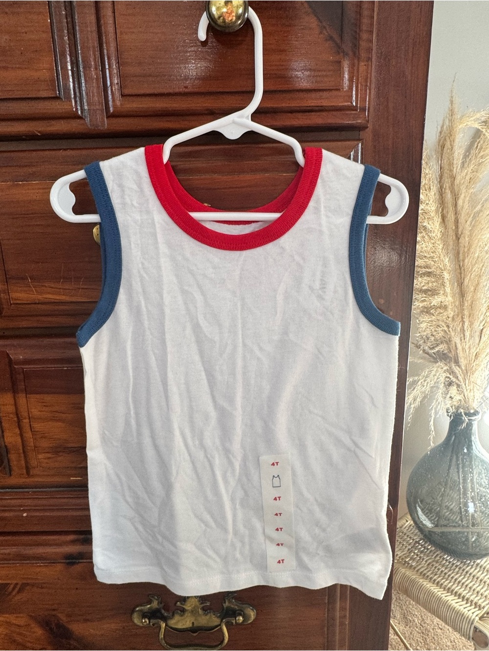 Old Navy White Tank with Red Neckline and Blue Arm Trim - Kids